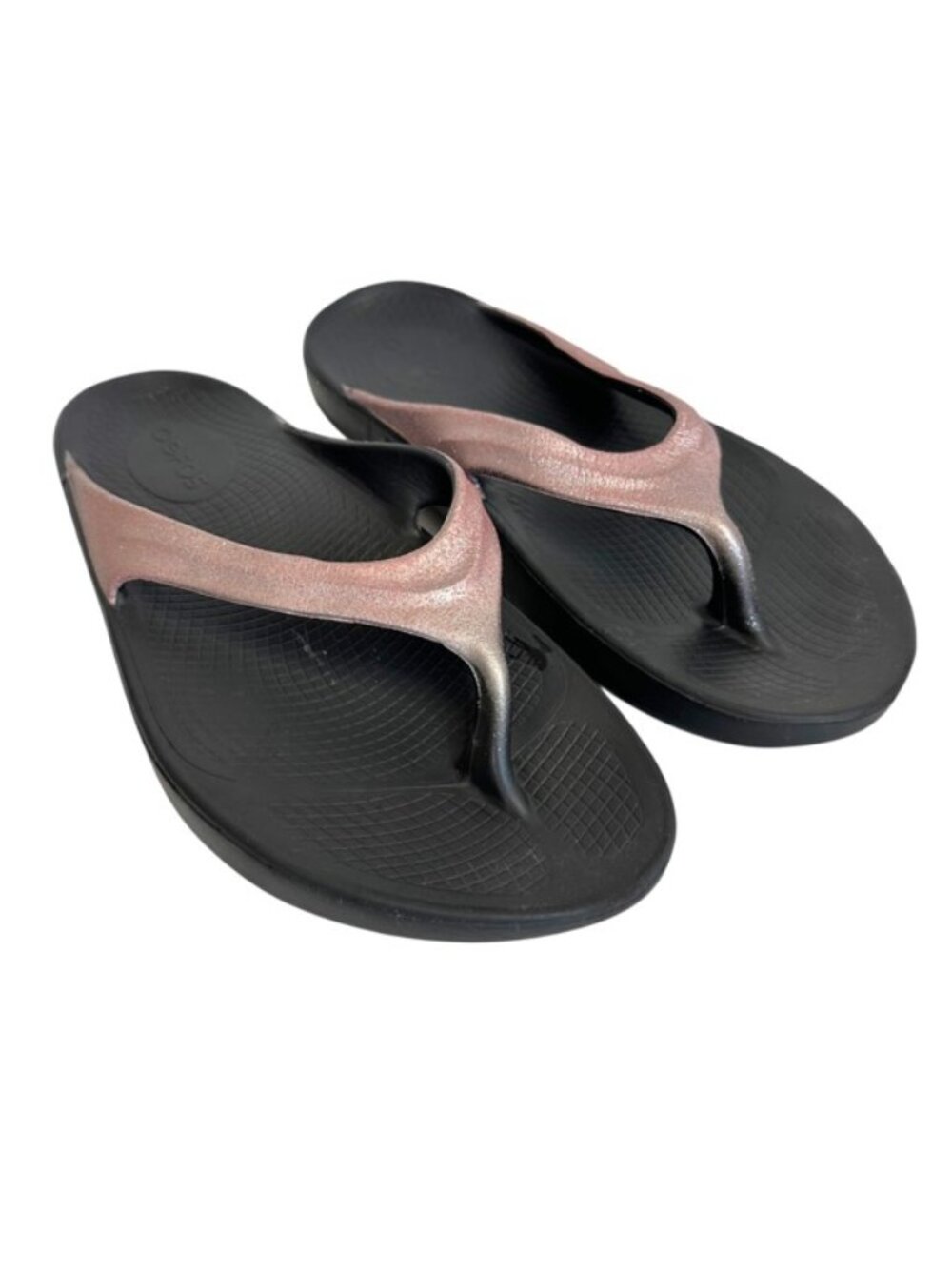 OOFOS OOlala Luxe Recovery Flip Flop Black Pink Sparkle, 8